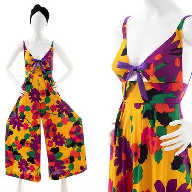 Vintage 1960s Palazzo Jumpsuit | 60s COLE OF CALIFORNIA Floral Jersey Yellow Open Back Halter Hawaiian Wide Leg Jumpsuit (x-small) 