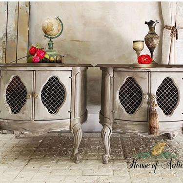 French Provincial Nightstands | Old World French Country Vintage Bedside Tables | Cream Shabby Chic Nightstands 