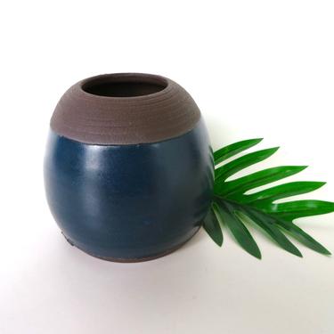 Hand Crafted Blue Studio Pottery Vase, Vintage Modern Stoneware Orb Weed Pot, Wabi Sabi Pottery Vase 