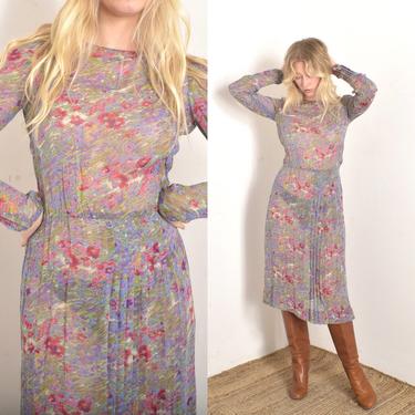 Vintage 1980s Dress / 80s Monet Floral Print Sheer Dress / Purple ( S M ) 