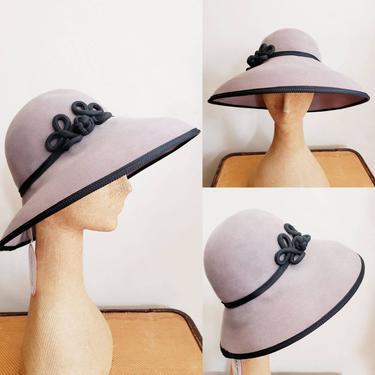 70s 80s Gray Black Wide Brim Hat Frank Olive Neiman Marcus / Designer Wool Hat Oversized Taupe Beige Knot Chord / Deadstock NOS / Sheena 