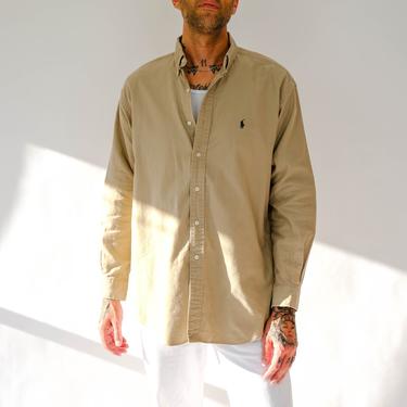 Vintage Ralph Lauren Polo Blake Khaki Textured Cotton Twill Long Sleeve Button Up Shirt | 100% Cotton | 1990s 2000s Polo RRL Designer Shirt 