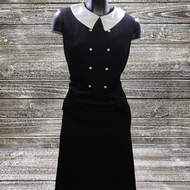 Vintage Little Black Dress, Collared Black Dress, Vintage Womens Apparel, White Peter Pan Collar, Sleeveless Mod Dress, Vintage Clothing 