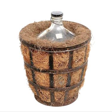 Antique French Clear Glass Demijohn &amp; Vintner Iron Basket - Wine Making - Beer Brewing Carboy Bottle - circa 1900 - decor vineyard brewery 