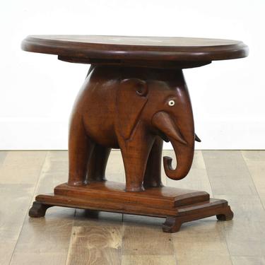 Solid Mahogany Elephant Side Table W/ Marquetry Inlay 