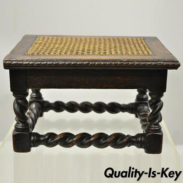 Antique English Jacobean Barley Twist Small Oak Footstool Ottoman Cane Seat
