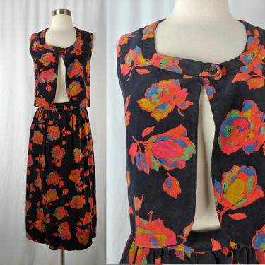 Vintage Seventies Neon Rose Velvet Skirt Set - XS Vintage 70s Vest and Skirt Set - MIF Folk Floral Print Set 