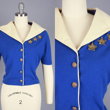 1950s Nautical Cardigan | Vintage 50s Cashmere Short Sleeved Sweater with White Collar and Star Appliques | medium 