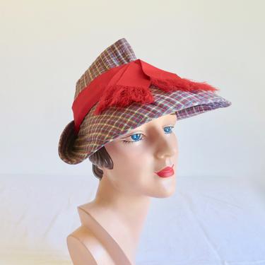 Vintage 1940's Red White and Blue Cotton Plaid Wide Brim Fabric Sun Hat Ribbon Trim Spring Summer New York Creation Best & Co. New York 