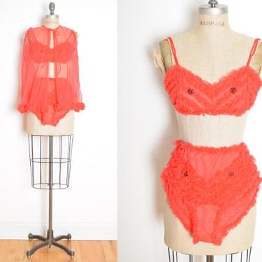 vintage 60s lingerie set red-pink ruffle nylon sheer jacket bra panties XS S clothing 