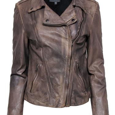 Muubaa - Light Brown Distressed Zip-Up Leather Moto Jacket Sz 8