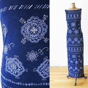 Vintage 90s y2k 2000s Maxi Dress S - Long 90s Dress - Stretchy Body Con Column Dress - Bandana Print Dress - Vintage Blue Dress 