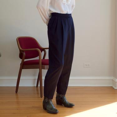 navy worsted wool pinstripe pleat trousers 
