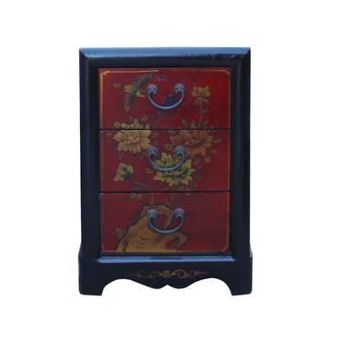 Chinese Vintage Black Red Vinyl 3 Drawers End Table Nightstand cs5773S