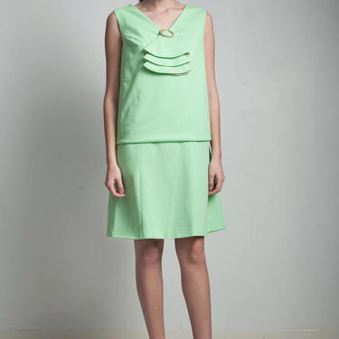 mod ascot dress light green vintage 60s sleeveless drop waist L LARGE 