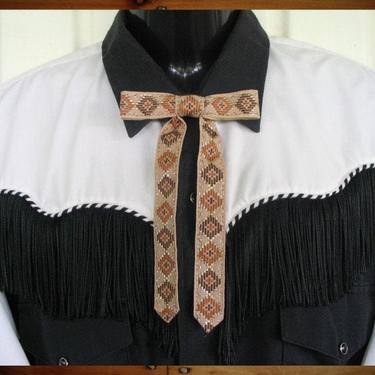String Tie for Western Shirts, Beige with Diamond Designs, Tan, Rodeo Tie, Square Dance Tie, Bow Tie, Clip On Tie, Vintage Tie 