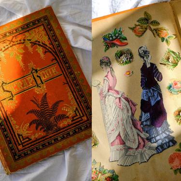 Antique 1876 Scrapbook Hardcover | Floral, 19th Century Fashion  |  Rustic Home, Library, Coffee Table Decor | 1800s Book 