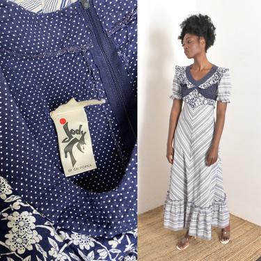 Vintage 1970s Dress / 70s Jody T Mixed Print Cotton Maxi Dress / Blue White ( small S ) 
