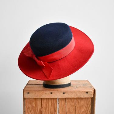 1970s Red & Navy Blue Wool Wide Brim Hat 