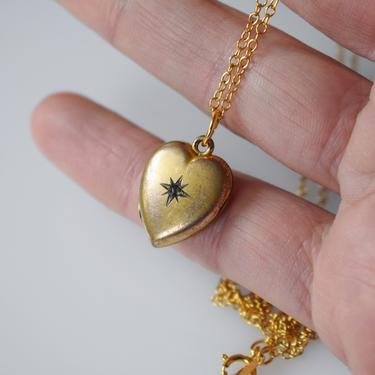 Vintage Petite Heart Locket with Starburst | 1930s-1940s Small Gold-finished Photo Locket with initial A 