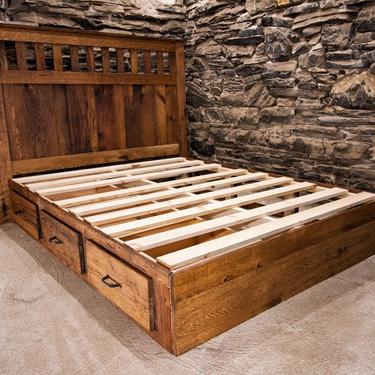 Mission Style Platform Bed with Drawers Made From Vintage Reclaimed Oak 