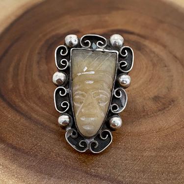 THE ONYX TRUTH Vintage Marble Onyx &amp; Mexican Silver Ring | Carved Onyx Aztec Mask | Mexican Jewelry, Southwestern, Mexico | Size 5 1/2 
