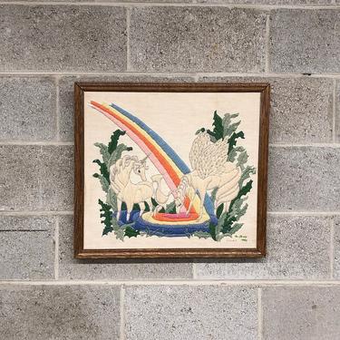 Vintage Crewel Embroidery Retro 1980s Large Size Homemade Unicorns + Rainbows + Forest Framed Crewel Fiber + Fantasy + Wall Art + Home Decor 