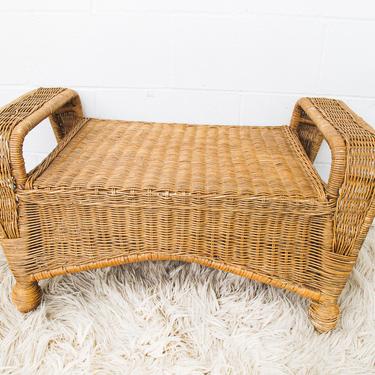 Woven Wicker Ottoman / Stool With Side Handles 