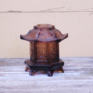 Vintage Le Smith Pagoda Fairy Lamp 2 Piece Smoke Brown/Amber Candle Lantern ~ Le Smith Pagoda Fairy Lamp 2 Piece Smoke Tea Light Lantern 