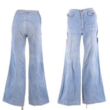 70s YOU BABES saddle stitch high waist denim bell bottoms jeans 26  / vintage 1970s light denim seamed flares pants 4 
