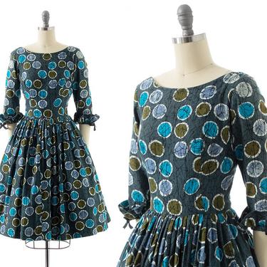 Vintage 1950s Dress | 50s Polka Dot Printed Cotton Blue Fit and Flare Swing Day Dress (small) 