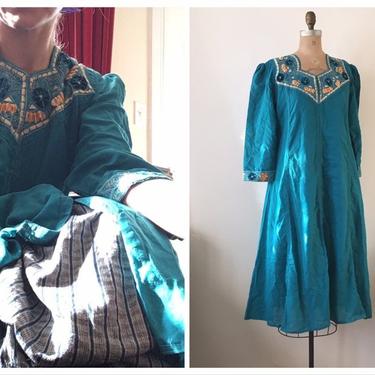 vintage Indian cotton dress, teal cottom dress / embroidered India dress, festival dress / bohemian dress, aummer cotton dress M/L 