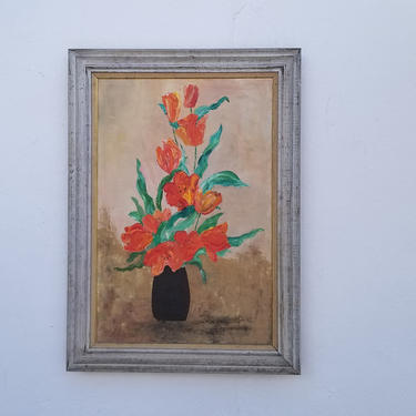 1975  Abstract &amp;quot; Tulip  Flowers In Vase &amp;quot; Oil Painting Signed Parkie. 