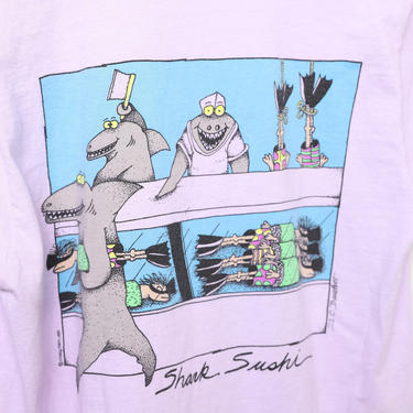vintage LAVENDER crazy shirts &quot;SHARK SUSHI&quot; ocean shark california ocean blast surf aquatic sea life t shirt -- Size Small 