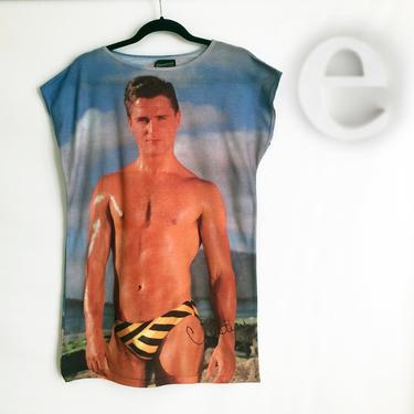 RARE Vintage 80s CHIPPENDALES Photo T-Shirt / Mini Dress • Sexy Male Stripper Speedo • Unisex LGBT Pride Parade Festival Swimsuit Cover Up 