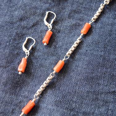 Natural Coral and Sterling Silver Earring and Bracelet Set | Vintage Coral and Silver Suit 