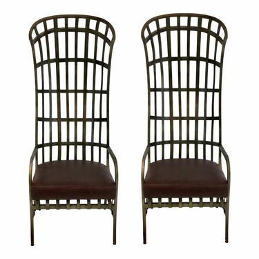 Industrial Modern Global Views Iron and Leather Cascade Cage Chairs Pair