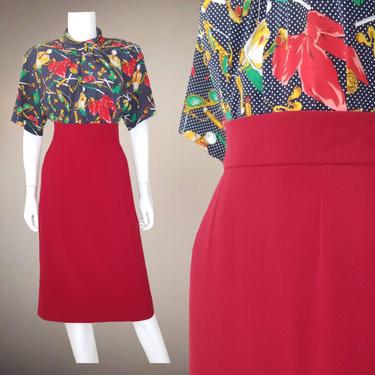 Vintage Hermes Skirt, Medium / 1990s Designer Skirt / Red Wool Midi Skirt / Christmas Party Pencil Skirt / 1940s Style Straight Skirt 