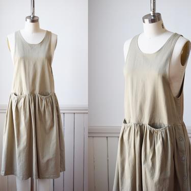 Vintage 1980s Khaki Pinafore Dress | XS  | 80s Cotton Bib dress with Pockets, Button Detail on Full Skirt 