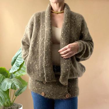 Vintage 80's Brown Mohair Long Open Balloon Sleeve Cardigan Sweater, Large 