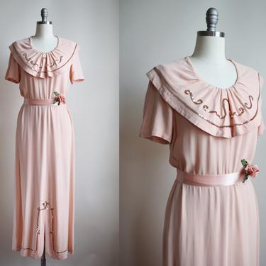 1940s Ruffle Collar Gown | M/L | Vintage 40s Pink Rayon Floor Length Gown with Wide Ruffle Collar and Sequin Details 