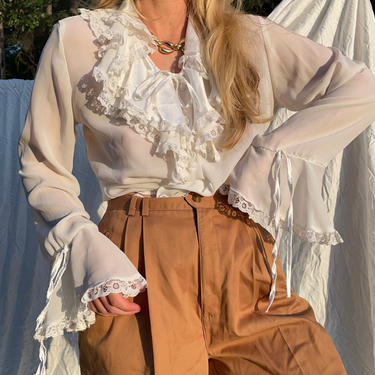 Vintage Ruffle Neck Sheer Shirt / White Button Up Bell Sleeve Top / 80's Lace Blouse M/L 