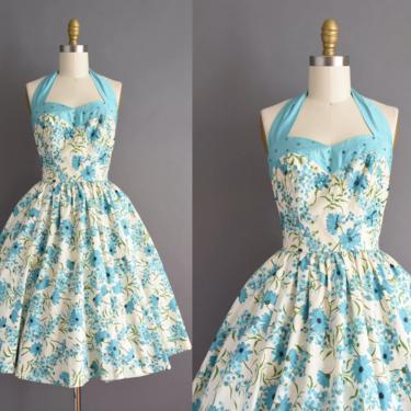 vintage 1950s dress | Adorable Sparkling Blue Floral Print Sweeping Full Skirt Cotton Dress | Small | 50s vintage dress 