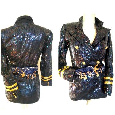 SANDY SATRKMAN Sequin nautical blazer New With Tags vintage band jacket statment jacket navy blue gold dress coat womens vintage small 