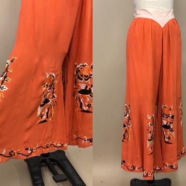 Vintage 1930s Orange & Pink Flamingo Embroidered Crepe Silk Pants, 30s Loungewear, Vintage Pajama Pants, Size Medium, 29&quot; Waist by Mo