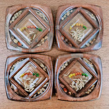 Vintage Lucite Grain (4) Coasters | Acrylic Resin | Rice Corn Wheat Seed Flower Dried 