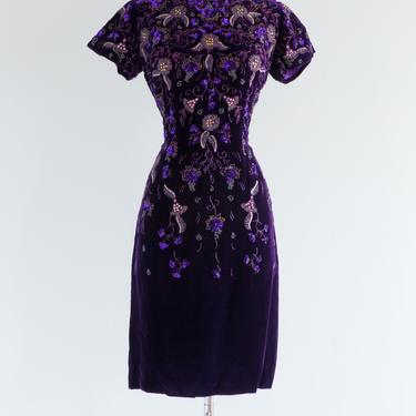 Rare 1950's Purple Velvet Beaded Cocktail Dress From Fortnum &amp; Mason / Medium