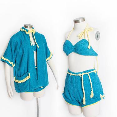 Vintage 1940s Beach Set - 3 Piece Terry Cloth Set Top Shorts &amp; Cover-Up Bikini Blue Yellow - Small 