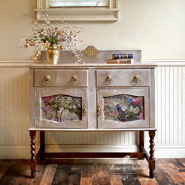 Jacobean Hand Painted French Country Design. Metallic Sideboard. White Washed Vintage Buffet Sideboard. Eclectic Cottage. 