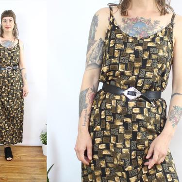 Vintage 90's Gold and Black Midi dress / 1990's Summer Midi Dress / Women's Size Medium by Ru
